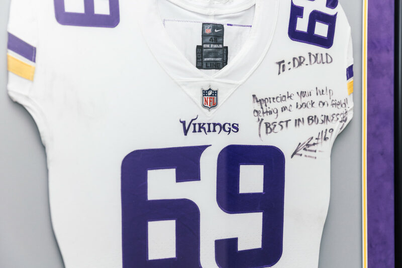 Signed Minnesota Vikings jersey with a note to Dr. Dold